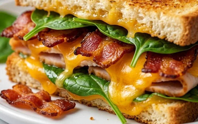 Turkey Melt with Cheddar, Spinach, and Beef Bacon
