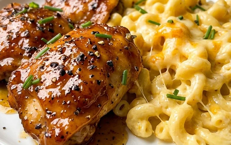 Sweet and Spicy Honey Pepper Chicken with Creamy Macaroni Cheese